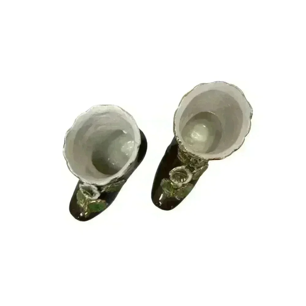 Set of Vintage Porcelain Miniature Shoe Vases Brown with Applied Flowers 3
